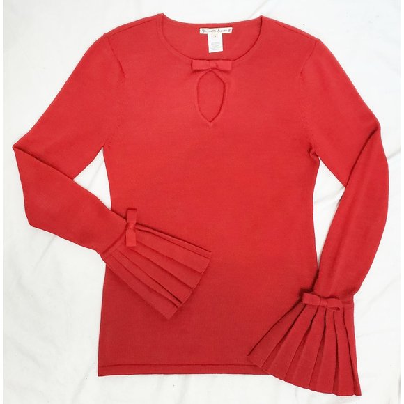 NANETTE LEPORE Womens  Fine Knit Meriono Wool Sweater Pleated Cuff Bow Red M - Picture 5 of 7